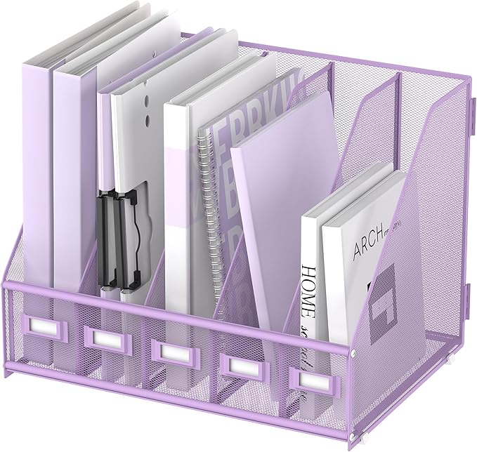 SUPEASY Desk Organizers Metal Desk Magazine File Holder with 5 Vertical Compartments Rack File Organizer for Office Desktop, Home Workspace, Purple