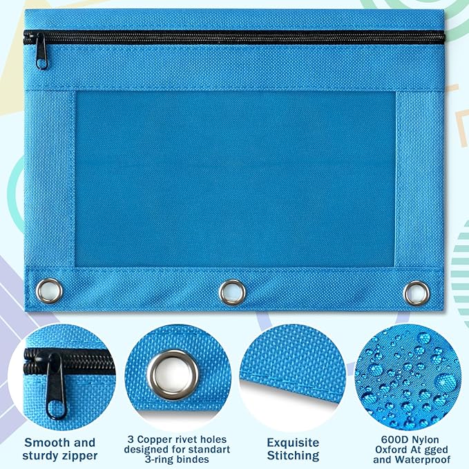 Pencil Pouch for 3 Ring Binder, Pencil Pouches with Zipper & Clear Window - 6 Assorted Color, Pencil Case Bulk for 3-Holes Binder, Multi-Purpose Storage Bag for Office, School Supplies (6)