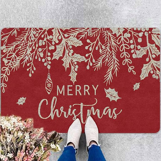 Merry Christmas Mistletoe and Holly Door Mat Front Porch Rugs Doormats Welcome Floor Mats Welcome Rug Outdoor Entry Rug for Home Farmhouse Party Decor, 18" x 30"Inch