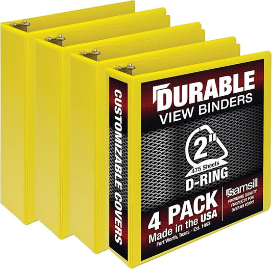 Samsill Durable 2 inch 3 Ring Binder, Made in USA, D Ring Binder, FSC 100% Recycled Chipboard, Yellow, 4 Pack
