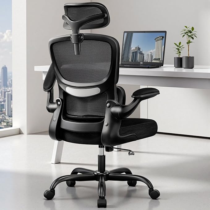 High Back Ergonomic Office Chair, Breathable Mesh Desk Chair with Lumbar Support, Adjustable Headrest, Flip-up Armrests, Computer Gaming Chair