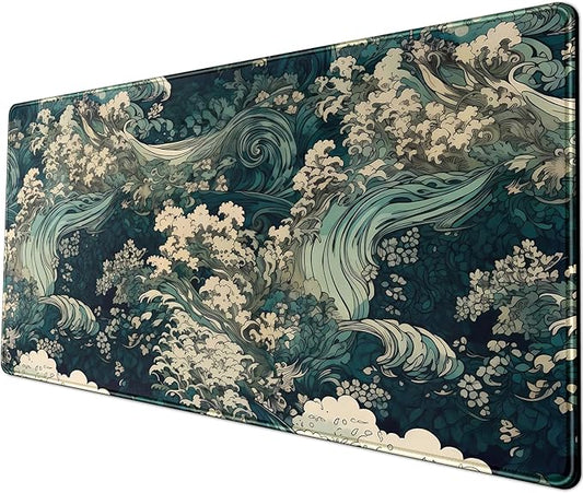 Japanese Large Mouse Pad Gaming Sea Wave Desk Pad Blue Sea Flower Art Aesthetics Desk Pad Non-Slip Rubber Base Mice Pad, 31.5 X 11.8 in for Laptop Computer Mouse Keyboard Mat of Office Desk Decor