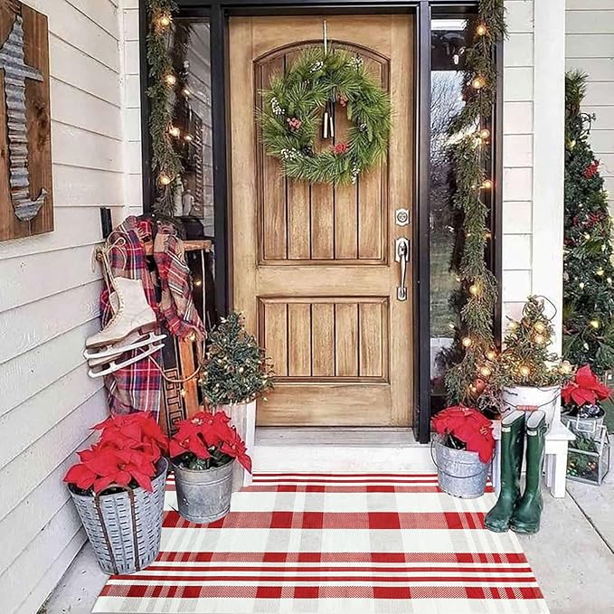 Christmas Plaid Outdoor Rug, 2'4" x 3'7" Red&White Check Indoor/Outdoor Area Rug, Layering Rug for Hello/Welcome Door Mat, Machine Washable Cotton Woven Rug for Farmhouse Front Porch,Entryway