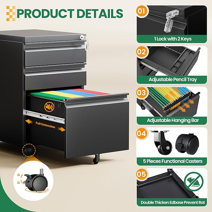 Mobile File Cabinet with Lock, 3 Drawer File Cabinet for Home Office, Rolling File Cabinet, Under Desk Locking Filing Cabinet on Wheels for Legal/Letter/A4 File, Fully Assembled, Black