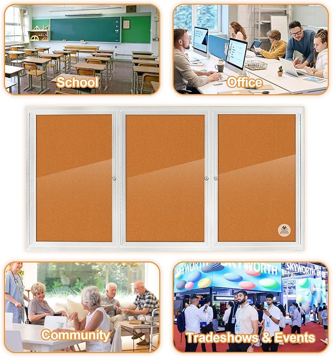 Lockable Outdoor Enclosed Bulletin Board, Weatherproof Cork Noticeboard with Locking Door, Wall-Mounted Aluminum Silver Framed Display Case for Messages,70x36 Inch