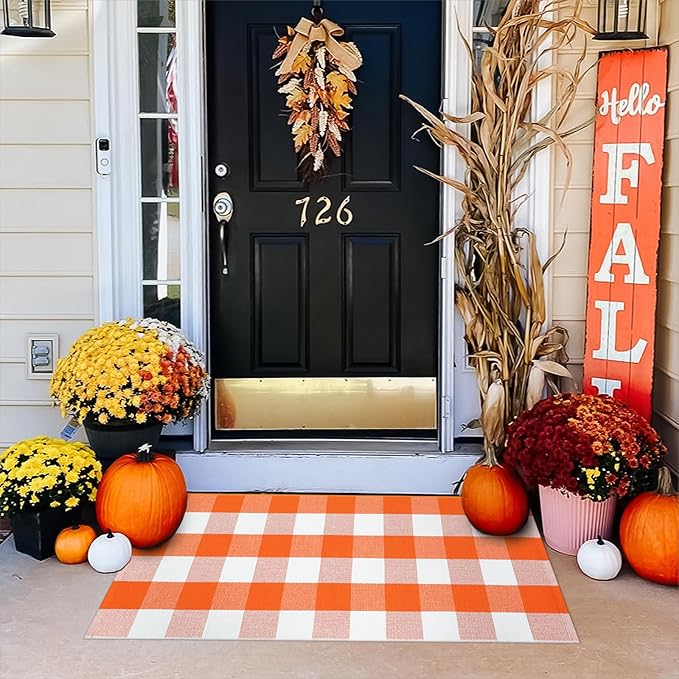 KIMODE Fall Door Mat Outdoor Orange and White 24"x51",Halloween Doormat,Washable Cotton Buffalo Plaid Check Front Door Rug for Layering Rugs,Halloween Porch Decorations,Entryway,Farmhouse