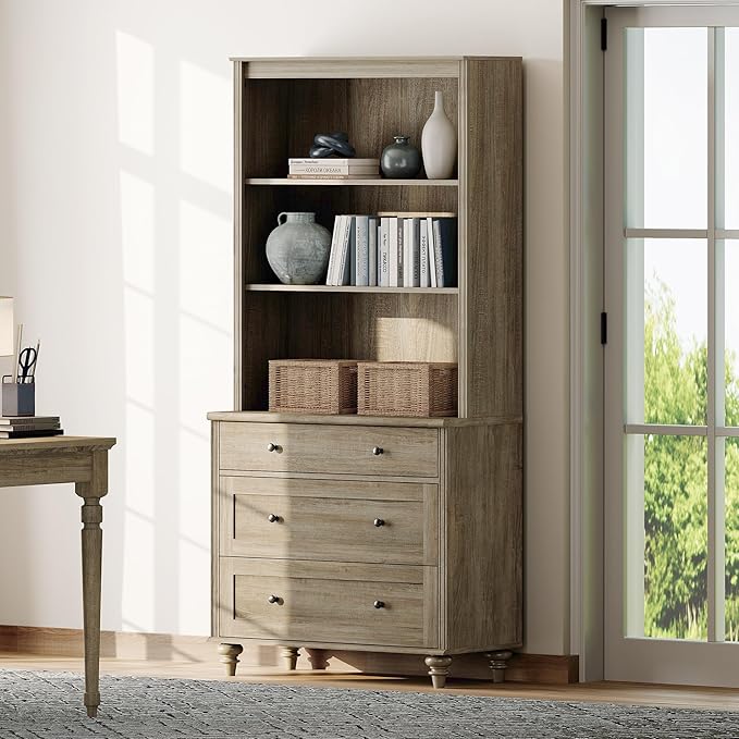 WAMPAT 72" Tall Bookcase Large Display Book Case Shelf with 3-Tier Open Book Shelfs, 3 Tier Farmhouse Style Bookshelf with 3 Drawers, Wood Bookshelves for Living Room or Study Room, Wash Grey