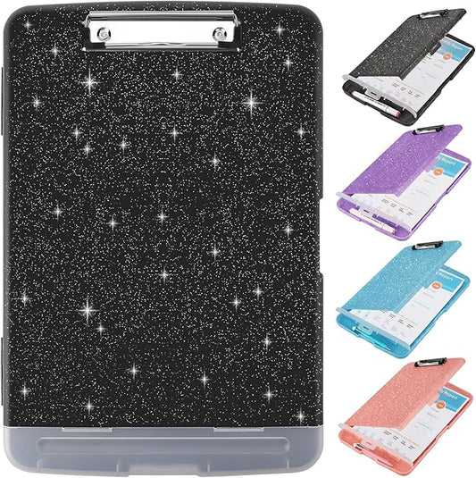 Glitter Clipboard with Storage,Storage Clipboard with Pen Holder,A4 Binder Clip Boards 8.5x11 with Low Profile Clip,Side Opening Sparkle Clipboards, Clipboards Folder for Office Supplies-Starry Black