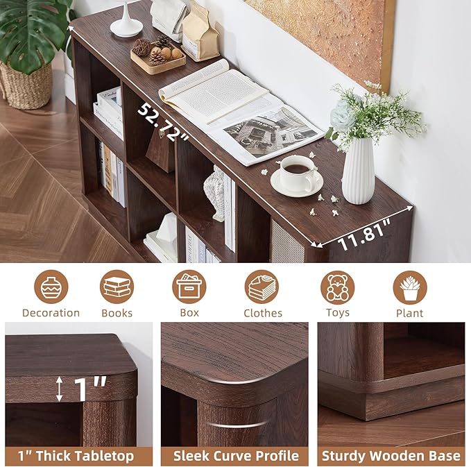 8 Cube Bookcase, 52" Long Horizontal Book Shelf w/Curved Edge, Floor Standing 2-Tier Cubby TV Stand Bookshelf with Wooden Base, Farmhouse Low Storage Cabinet for Living Room, Office, Walnut