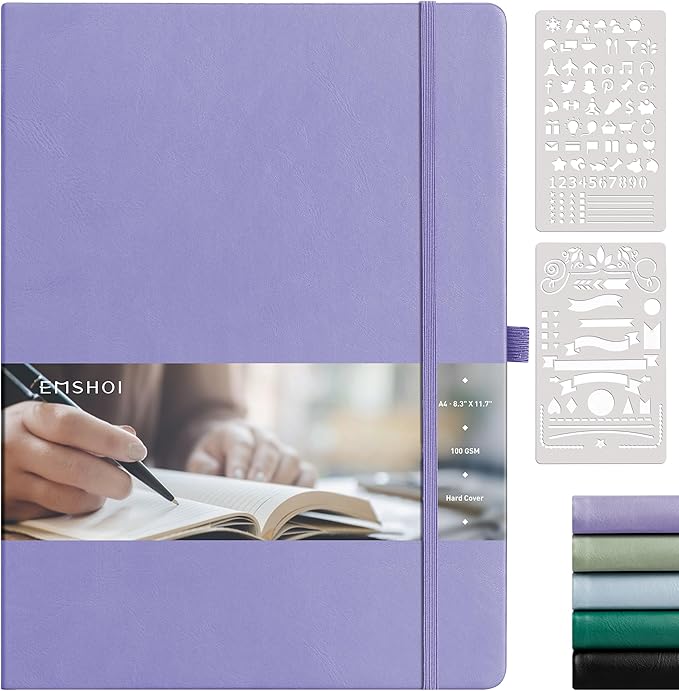EMSHOI Dotted Journal - A4 Large (8.5”x11”) PU Leather Hardcover Dotted Notebook for Women & Men, 192 Pages, 100 GSM Thick Paper - Bullet Journaling, Work, Notes, Sketching, Purple