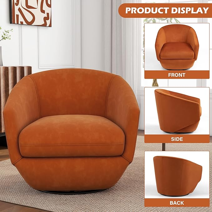 UIXE 360° Swivel Barrel Accent Chair, Velvet Upholstered Club Armchair for Living Room, Modern Round Arm Chair Single Sofa Bedroom Reading Seating (Orange)