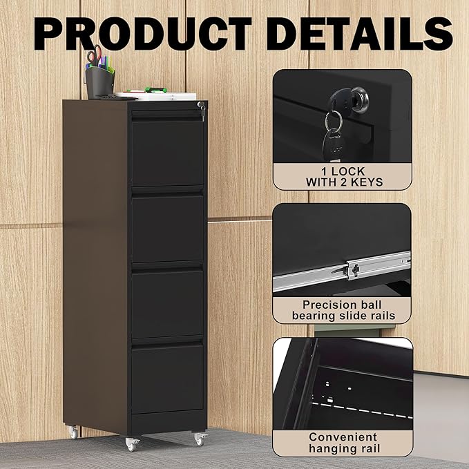File Cabinet with Lock, 4 Drawers Filing Cabient with Wheel, Steel Vertical Filing Storage Cabinet for Home Office, Heavy-Duty File Cabinets for Letters/Legal/A4 (Require Assembly, Black)
