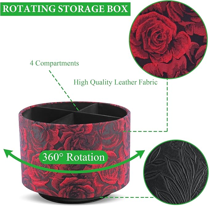 QIELIZI Round Leather Art Supply Organizer,Remote Control Holder,360 Degree Rotating,Multi-Functional Pencil Holder,4 Compartments Desktop Stationary Organizer(1-3D Rose Red)