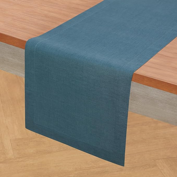 Solino Home Peacock Blue Table Runner 48 Inches - 100% Pure Linen Short Table Runner 14 x 48 Inch Ideal for Dresser and Coffee Tables - Fete