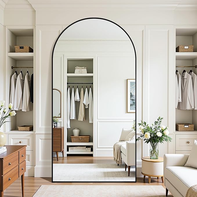 Full Length Mirror, 78"x38" Oversized Floor Mirror Freestanding, Full Body Mirror Floor Standing Mirrors with Stand, Hanging Mounted Mirrors for Bedroom Living Room, Black, Arched Style