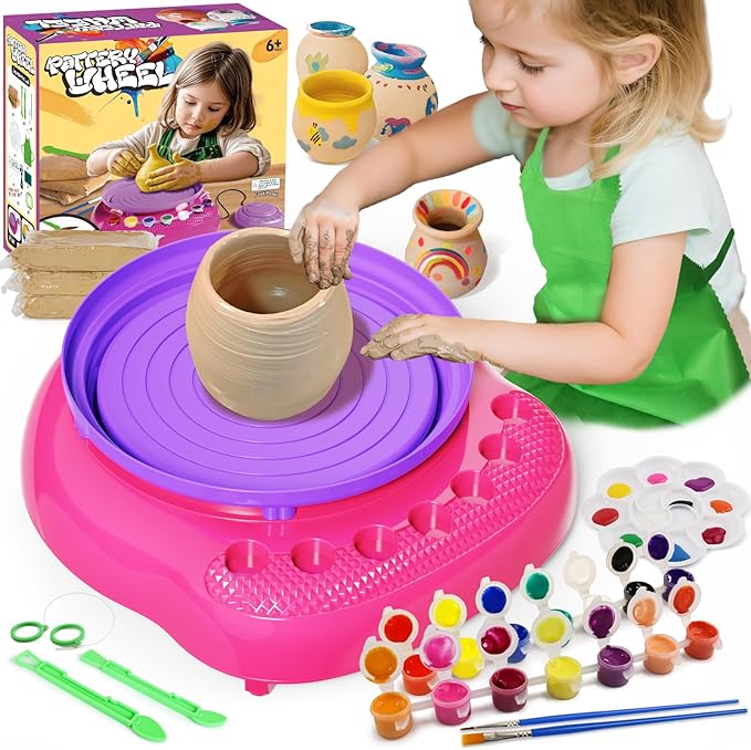 Vinkp Pottery Wheel for Kids - Complete Pottery Painting Kit Arts and Crafts for Kids Ages 8-12 with Air Clay Art Supplies for Girls Boys Toys Birthday Christmas Gifts for 6 7 8 9 10 11 12 - Pink