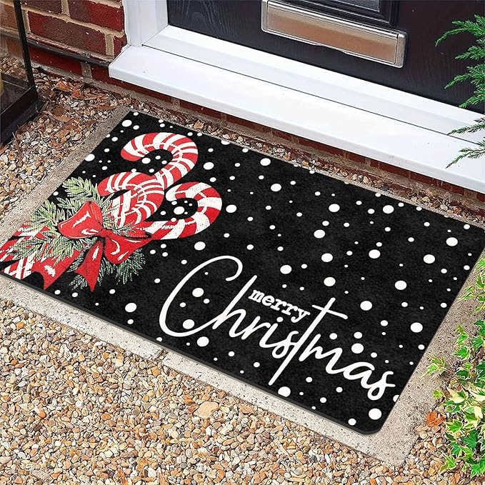 Christmas Door Mat Entrance Decoration Christmas Candy Cane Welcome Mat Black Door Front Porch Rug for Outside Front Porch Entryway Decor, 18" x 30"Inch