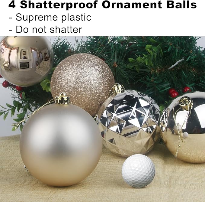 Champagne Gold 4.0" Large Christmas Balls - Christmas Tree Decoration Ornaments Shatterproof Hanging Balls for Birthday Halloween Holiday Wedding Decorations Set of 4pcs