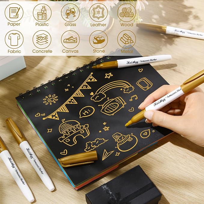 24 Pcs Metallic Permanent Markers Bulk Gold Fine Point Metallic Paint Markers for DIY Crafts, Gift Card Making, Artist Illustration (Gold)