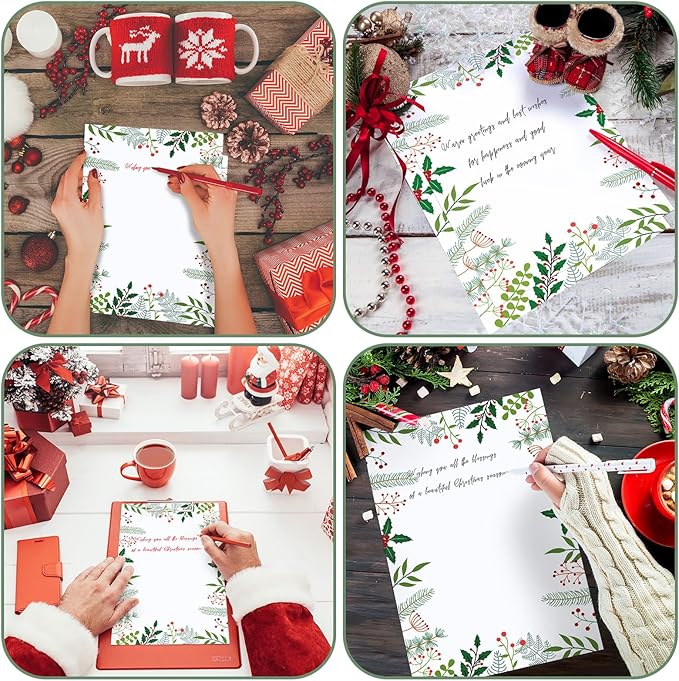 80 Sets Christmas Stationery Paper with Envelopes Christmas Holiday Paper Christmas Envelopes for Christmas Holiday Events Notes Invitation Office(Merry Branch and Holly)