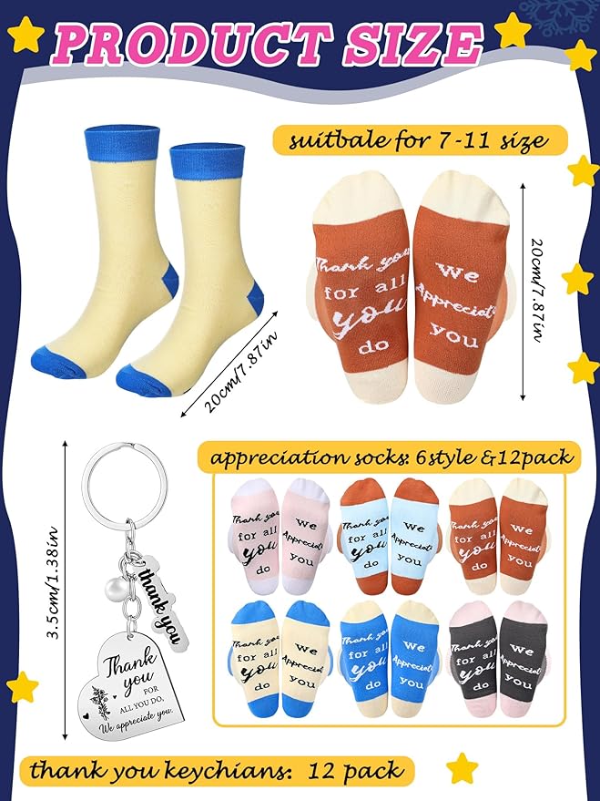 24 Pcs Employee Appreciation Gifts Thank You for All You Do Socks Stainless Steel Keychains for Staff Coworker Team