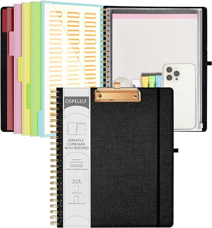Ospelelf Black Foldable Spiral Clipboard Folio with Storage Zipper Pouch, 5 Plastic Folders with 10 Pockets,Refillable Lined Notepad (11" x 8.5"), Hardcover Project Organizer with 39 Stickers