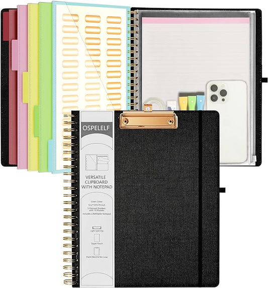Ospelelf Black Foldable Spiral Clipboard Folio with Storage Zipper Pouch, 5 Plastic Folders with 10 Pockets,Refillable Lined Notepad (11" x 8.5"), Hardcover Project Organizer with 39 Stickers