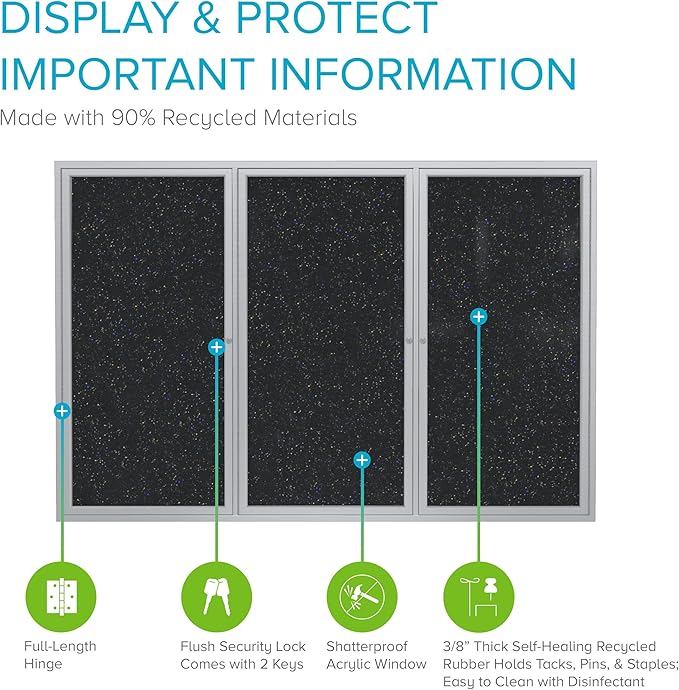 Ghent 48" x 72" 3-Door indoor Enclosed Recycled Rubber Bulletin Board, Shatter Resistant, with Lock, Satin Aluminum Frame,Confetti (PA346TR-CF),Made in the USA