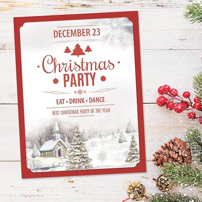 Snowy Church Holiday Letter Paper - Set of 25 Christmas stationery papers are 8 1/2" x 11", compatible computer paper