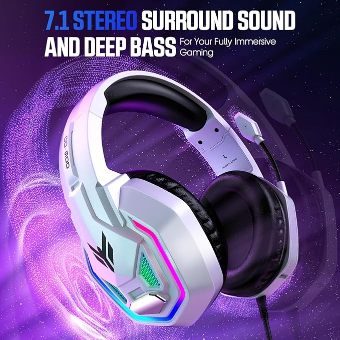 Gaming Headset for PS5, PS4, Xbox Series X|S, Xbox One, PC, Switch, Mac - RGB Over-Ear Headphones with 7.1 Surround Sound, Noise Cancelling Mic, 50mm Drivers & Memory Earmuffs for Nintendo 64