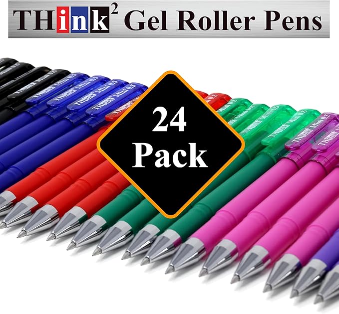THINK2MASTER [24 Pens - 4 Black, 4 Blue, 4 Red, 4 Green, 4 Pink, 4 Purple Ink Think2 Pocketable Mini Gel Pens. Assorted Colors Fine Point (0.5mm) Small Rollerball Pens