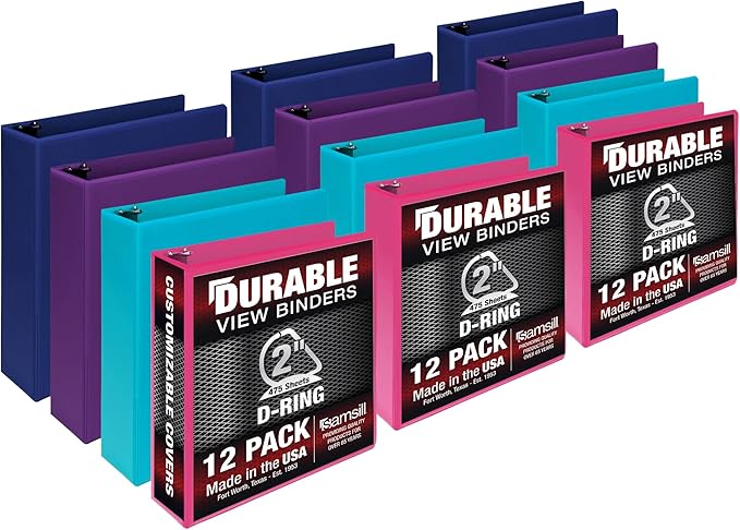 Samsill Durable 2 inch 3 Ring Binder, Made in USA, D Ring Binder, FSC 100% Recycled Chipboard, Fashion Assortment, 12 Pack