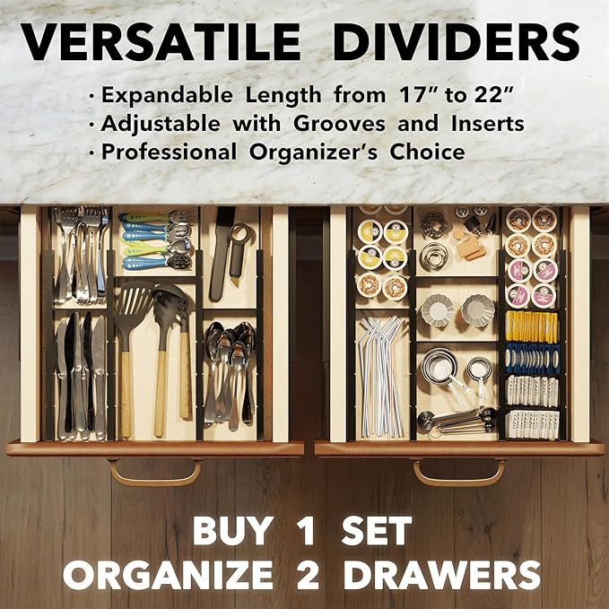 SpaceAid Bamboo Drawer Dividers with Inserts and Labels, Kitchen Adjustable Drawer Organizers, Expandable Organization for Home, Office, Dressers, 10 Dividers with 24 Inserts (17"-22" Black)