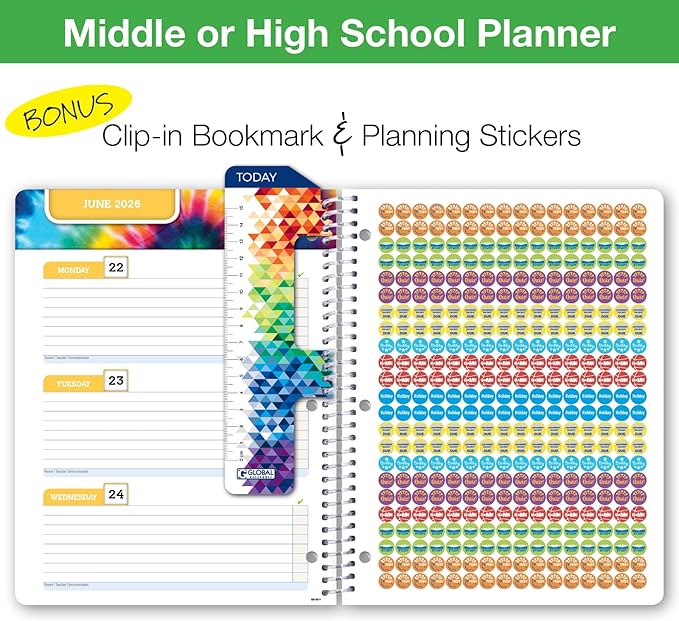 Global Datebooks Dated Middle School or High School Student Planner for Academic Year 2025-2026 Includes Ruler/Bookmark and Planning Stickers (Block Style - 8.5"x11" - Blue Colors)