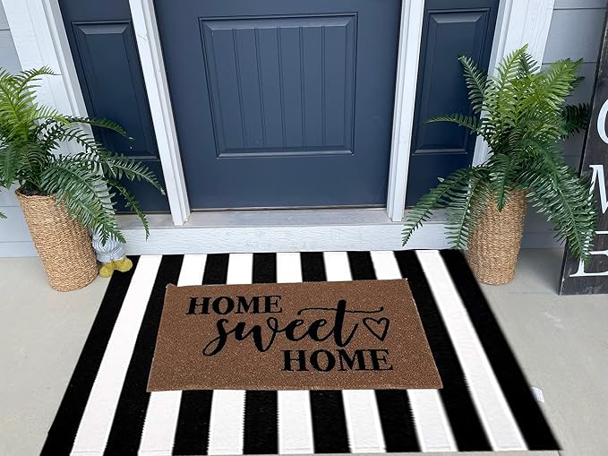 Black and White Area Rug 35.4 x 59 Inches Striped Front Door Mat Front Porch Rug Hand-Woven Machine Washable Indoor/Outdoor Layered Door Mats for Entryway/Bedroom/Outdoor