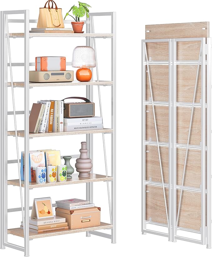 4NM No Assembly Folding Bookshelf, 5-Shelf 62.2" H Collapsible Foldable Bookcase Storage for Small Spaces, Natural White