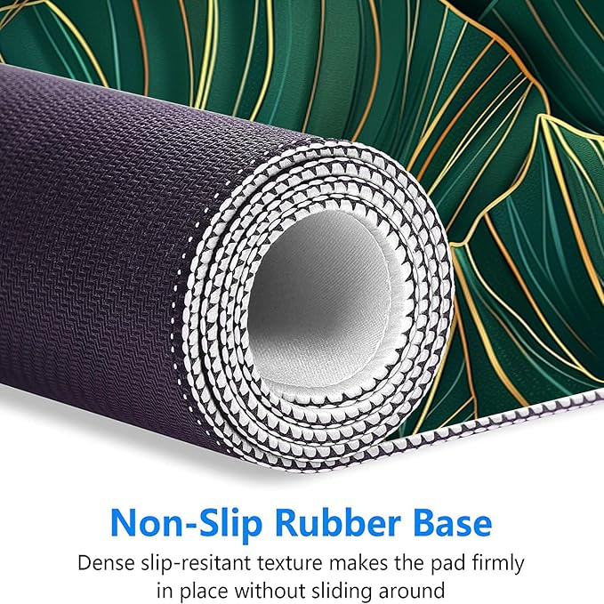 Green Leaves Desk Mat Gaming Mouse Pad Gold Tropical Palm Leaves Large Gaming Mouse Mat with Stitched Edges,Non-Slip Waterproof Rubber Base Mous Mat Office Computer Keyboard Laptop Home 31.5"x11.8"