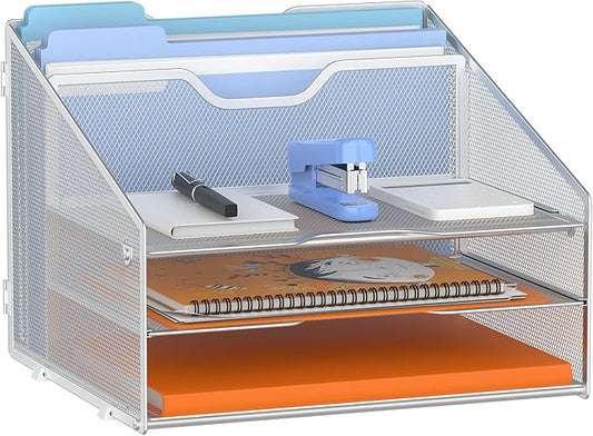 Letter Tray Organizer, Mesh Desk File Organizer with 3 Paper Trays and 2 Vertical Upright Section (Silver)