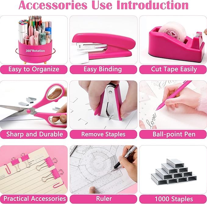 Hot Pink Desk Accessories, Hot Pink Office Supplies 360°Pen Holder Desk Organizers and Accessories with Tape Dispenser, Stapler, Staple Remover, 1000 Staples, Tape, Clips Set, Ruler, Scissor, Pen