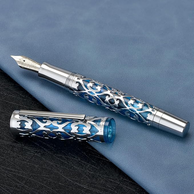 Hongdian D1 Piston Fountain Pen Fine Soft Nib, Silver Blue Hollow Skeleton & Resin Pen with Metal Case Set