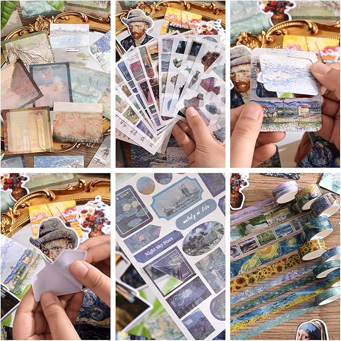 Scrapbooking Supplies Kit, Monet Van Gogh Oil Painting Theme Scrapbook Kit for Bullet Junk Journal, 12 Rolls Washi Tape, Stickers Papers for DIY Journaling Supplies, Craft Gift for Girl Kid Women