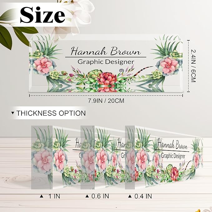 Ship Next Day-Custom Name Plate for Desk, Desk Name Plate Personalized, Acrylic Office Desk Accessories, Appreciation Gifts for Coworkers Employee Teachers Boss Women Men (Succulent Plants)