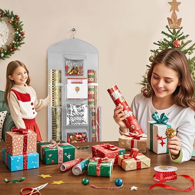 Hanging Gift Wrapping Paper Storage, 40"X17" Grey Double-Sided Christmas Wrapper Bag Container, Oxford Craft Roll Organizer, Present Wrap Holder for Bedroom Closet, Door, Cabinet