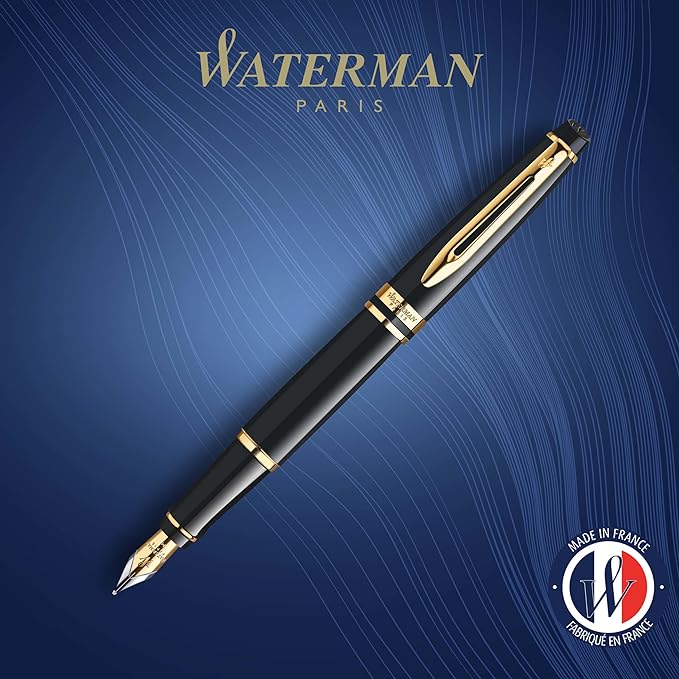 Waterman Expert Fountain Pen, Gloss Black with 23k Gold Trim, Fine Nib, Luxury Fountain Pen in Gift Box, Fountain Pen for Writing