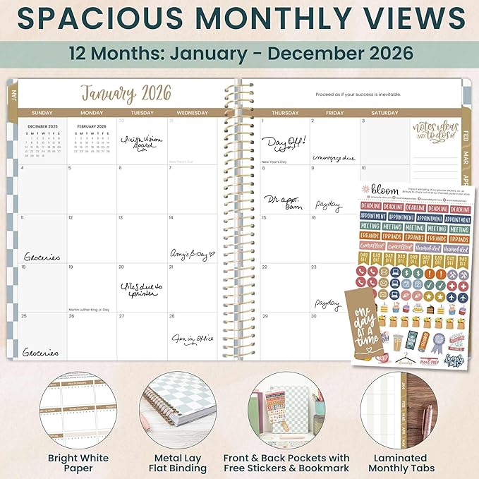 bloom daily planners 2026 Planner (January to December) - 8.5” x 11” Weekly & Monthly Dated Agenda Organizer Book with Stickers & Tabs - Flexible Soft Cover - Checkered