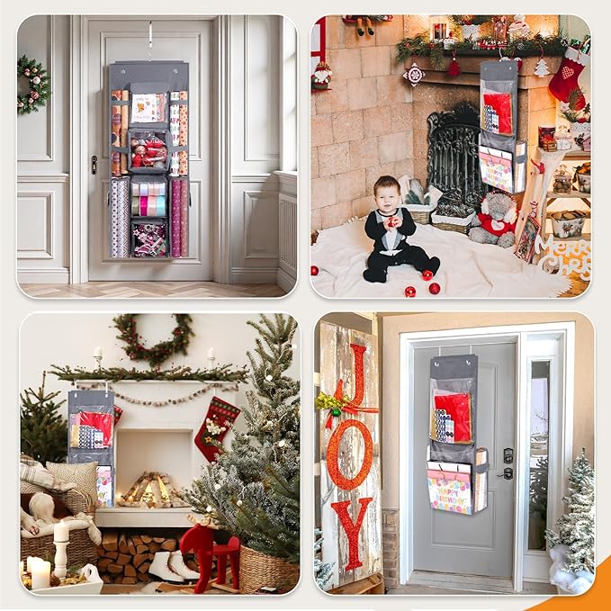 Hanging Gift Wrapping Paper Storage, 40x16 inch Double-Sided Gift Wrap Organizer Christmas Wrapper Paper Container, Heavy Duty Oxford Bag Gift Holder