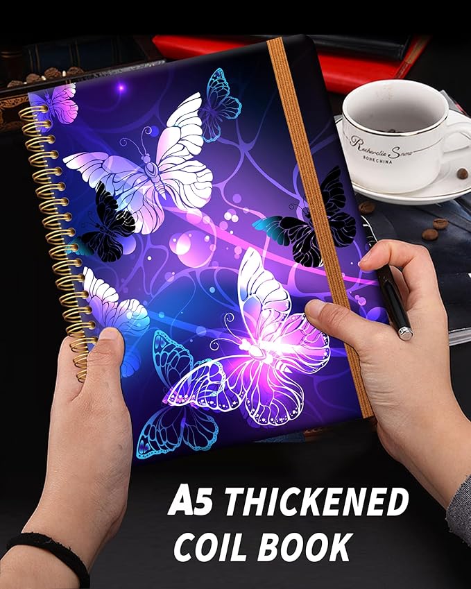 Ruled Spiral Writing Notebook,A5 Hardcover Lined College Journal for Women Lady,Fashion Puppy Watercolor Strong Twin-Wire Binding with Premium Paper,8.4" X 6",Perfect for School,Office,Home Gifts(Night Glowing Butterfly)
