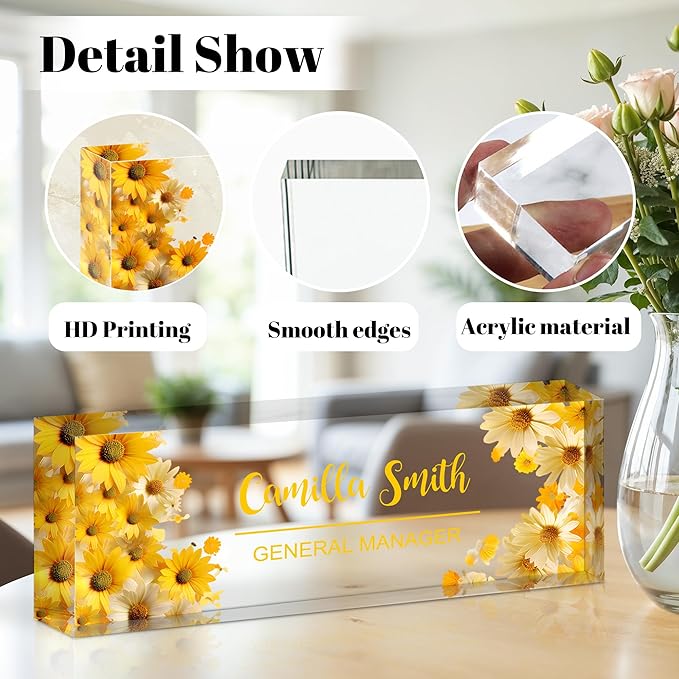 Ship Next Day Personalized Name Plate for Desk, Custom Acrylic Desk Name Sign, Office Appreciation Gifts for Women Men Coworkers Boss Teacher Employee (Flower-Sunflower)