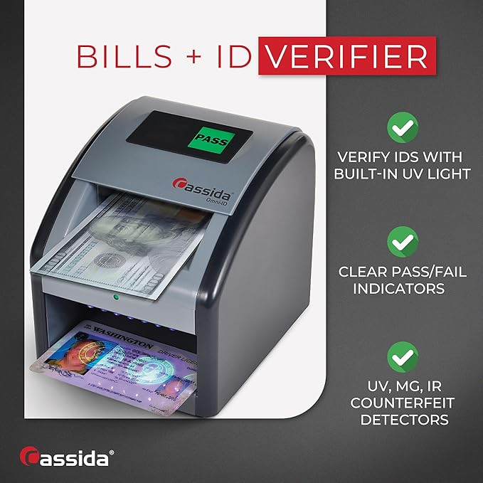 Cassida Omni-ID 2-in-1 Currency Counterfeit Detector with UV Identification Verification Lights – Bill Checker with Infrared, Magnetic and Ultraviolet Sensors - Easy to Read PASS/FAIL Display