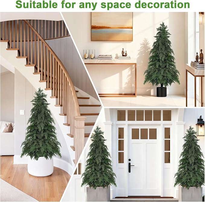 2Pack Artificial Topiary Trees, 4FT Faux Cypress, Faux Evergreen Pine Shrubs Plants with Pot, Potted Plants for Front Porch Indoor Outdoor Garden Christmas Decor